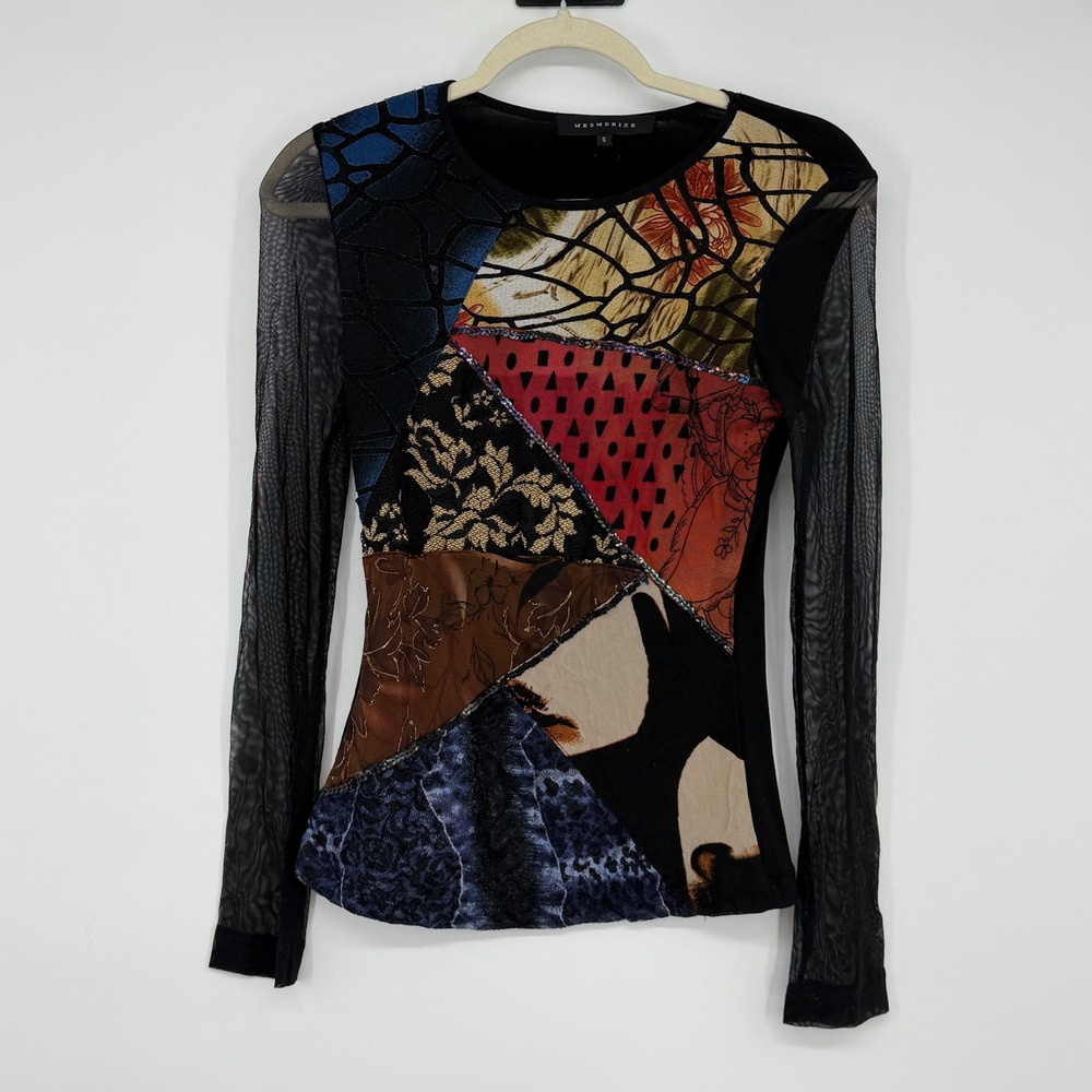 Mesmerize Womens Small Patchwork Mesh Long Sleeve Top Black Multi Sequin Y2K